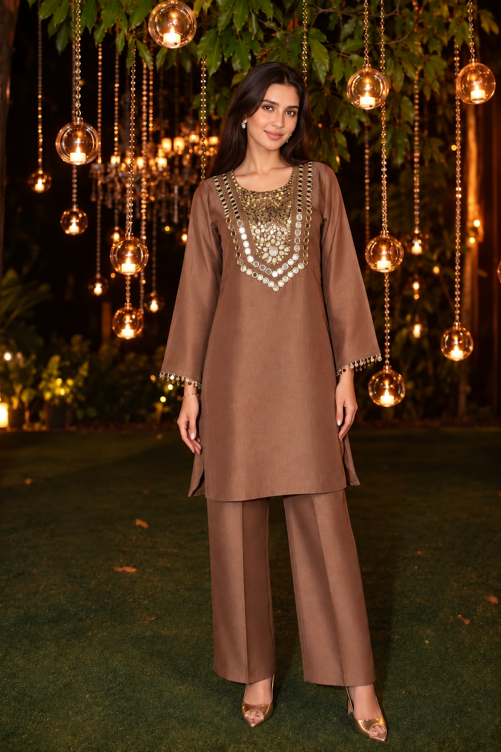 Cocoa Embellished Shimmer Satin Silk Pant Set