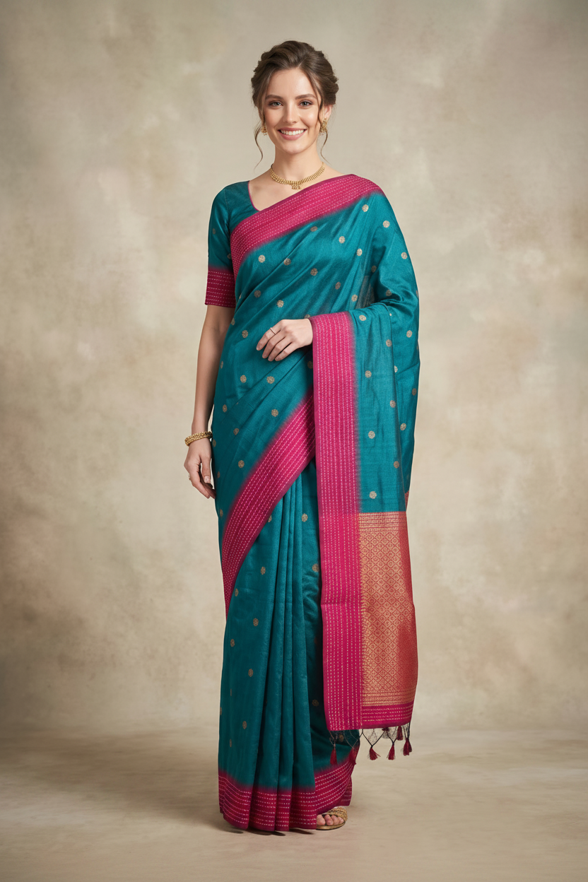 Peacock Noir Weave Handloom Tussar Silk Saree