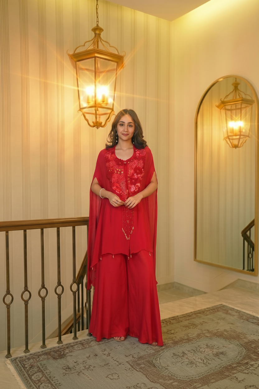 Royal Crimson Embellished Chinon Silk Palazzo Set