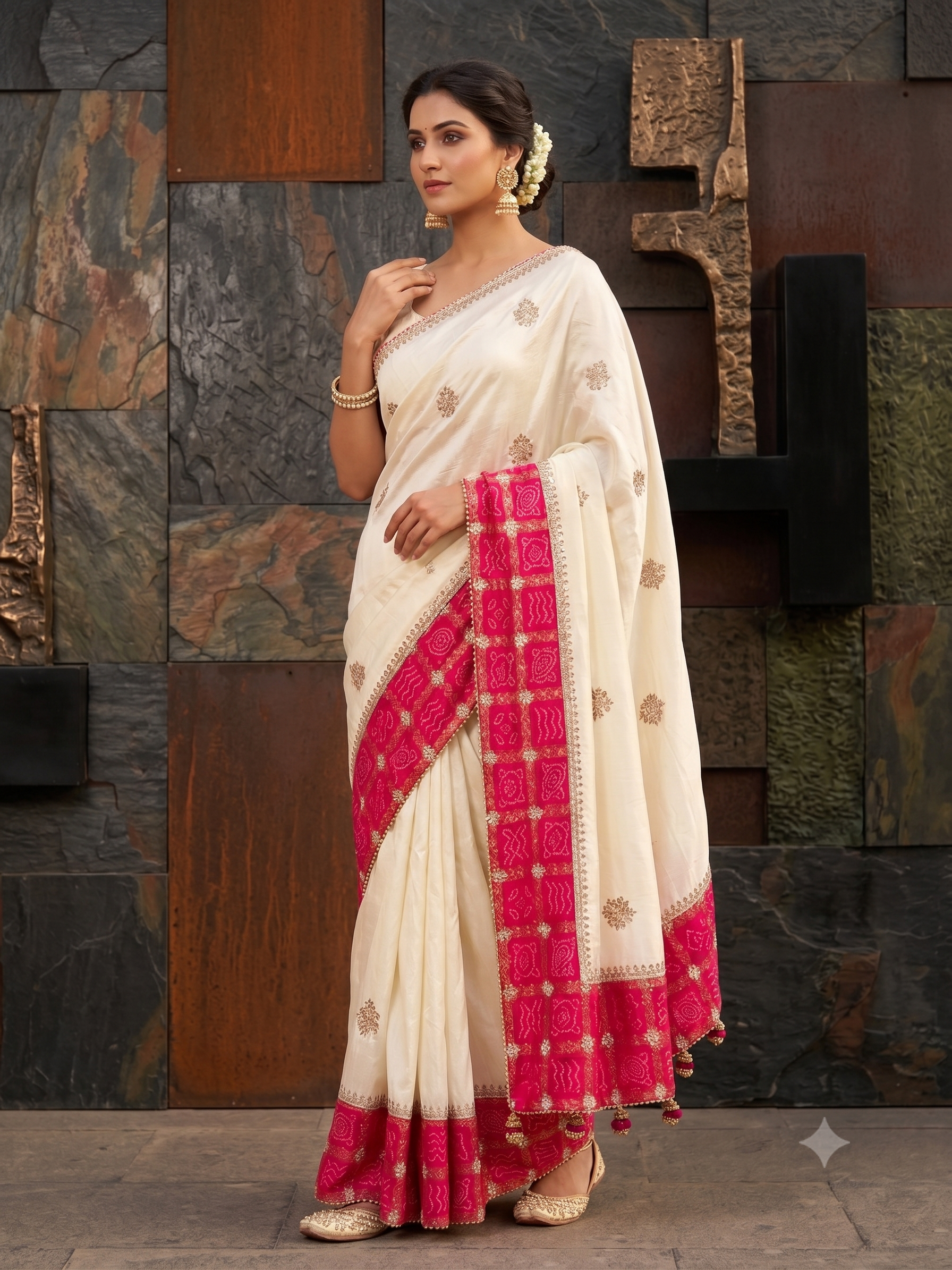 Ivory Pink Embellished Dola Silk Saree