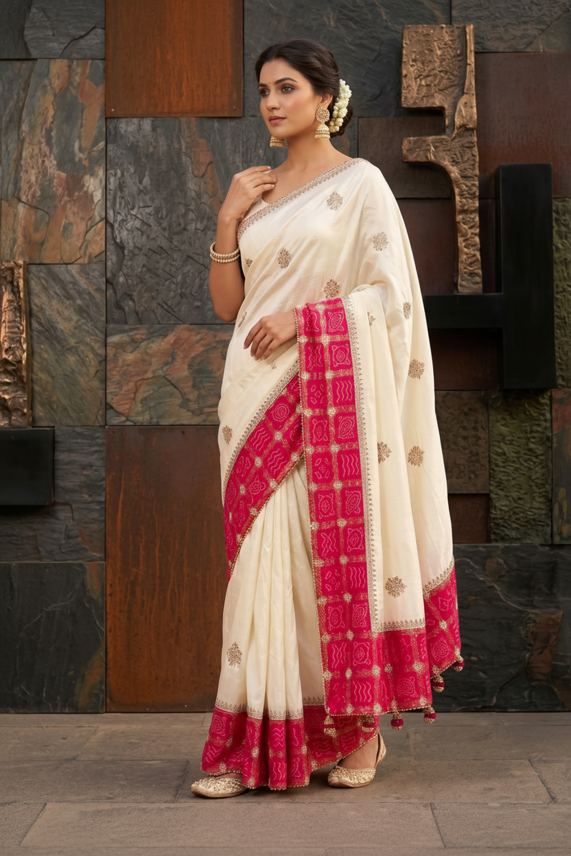 Ivory Pink Embellished Dola Silk Saree
