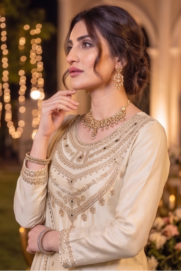 Off Cream Pearl Embellished Crepe Silk Pant Set