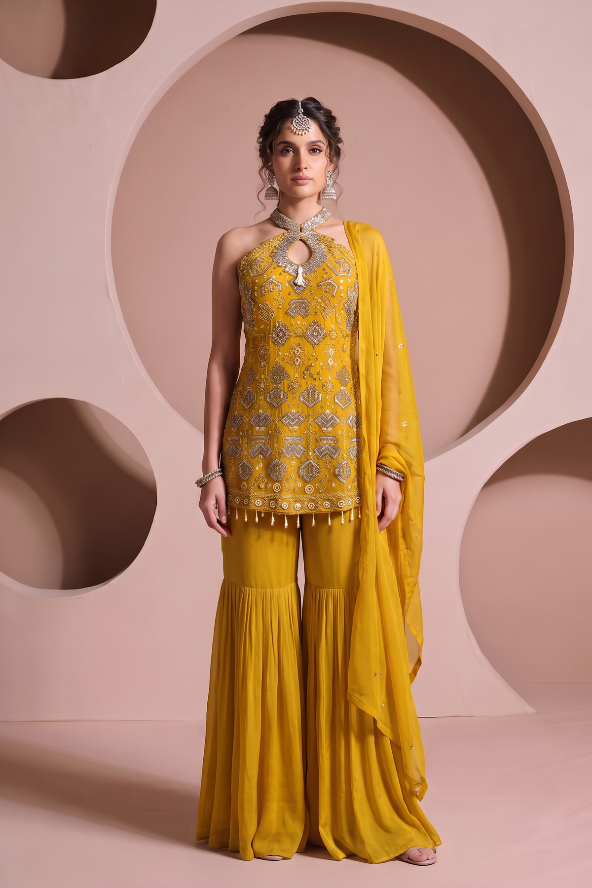 Lemon Mist Embellished Chinon Silk Sharara Set