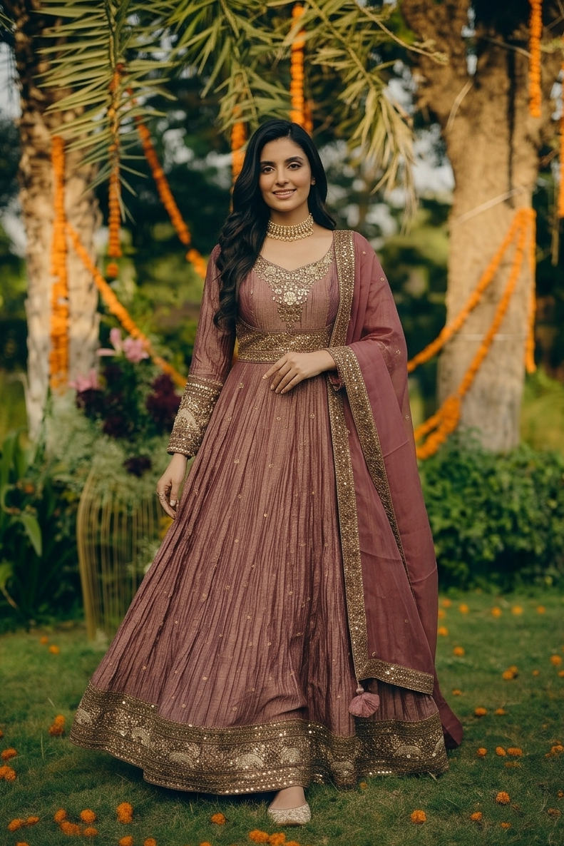 Dusty Rose Copper Embellished Tissue Silk Anarkali Set