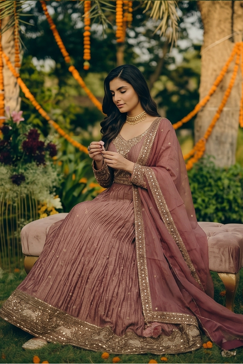Dusty Rose Copper Embellished Tissue Silk Anarkali Set