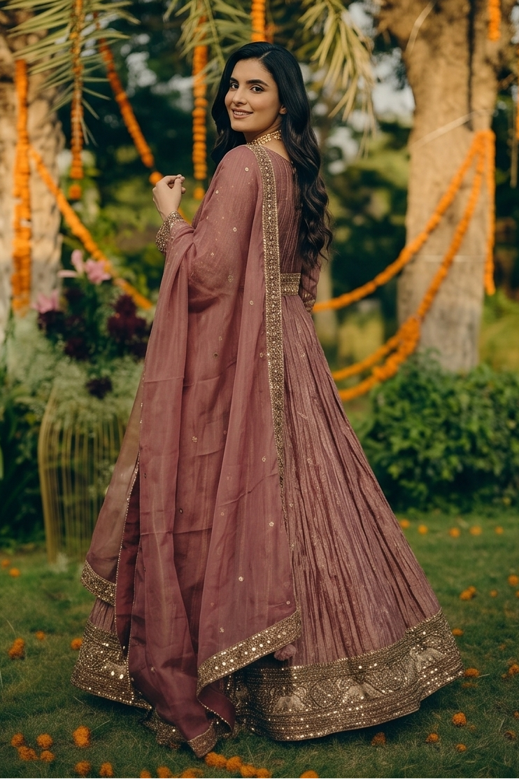 Dusty Rose Copper Embellished Tissue Silk Anarkali Set
