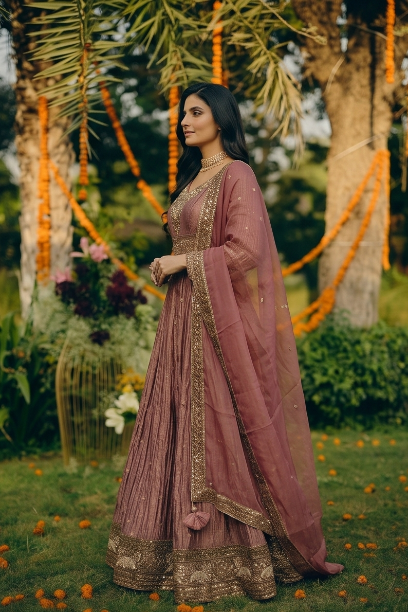 Dusty Rose Copper Embellished Tissue Silk Anarkali Set