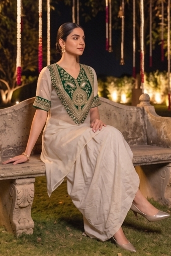 Champagne Green Embellished Crepe Silk Skirt Set