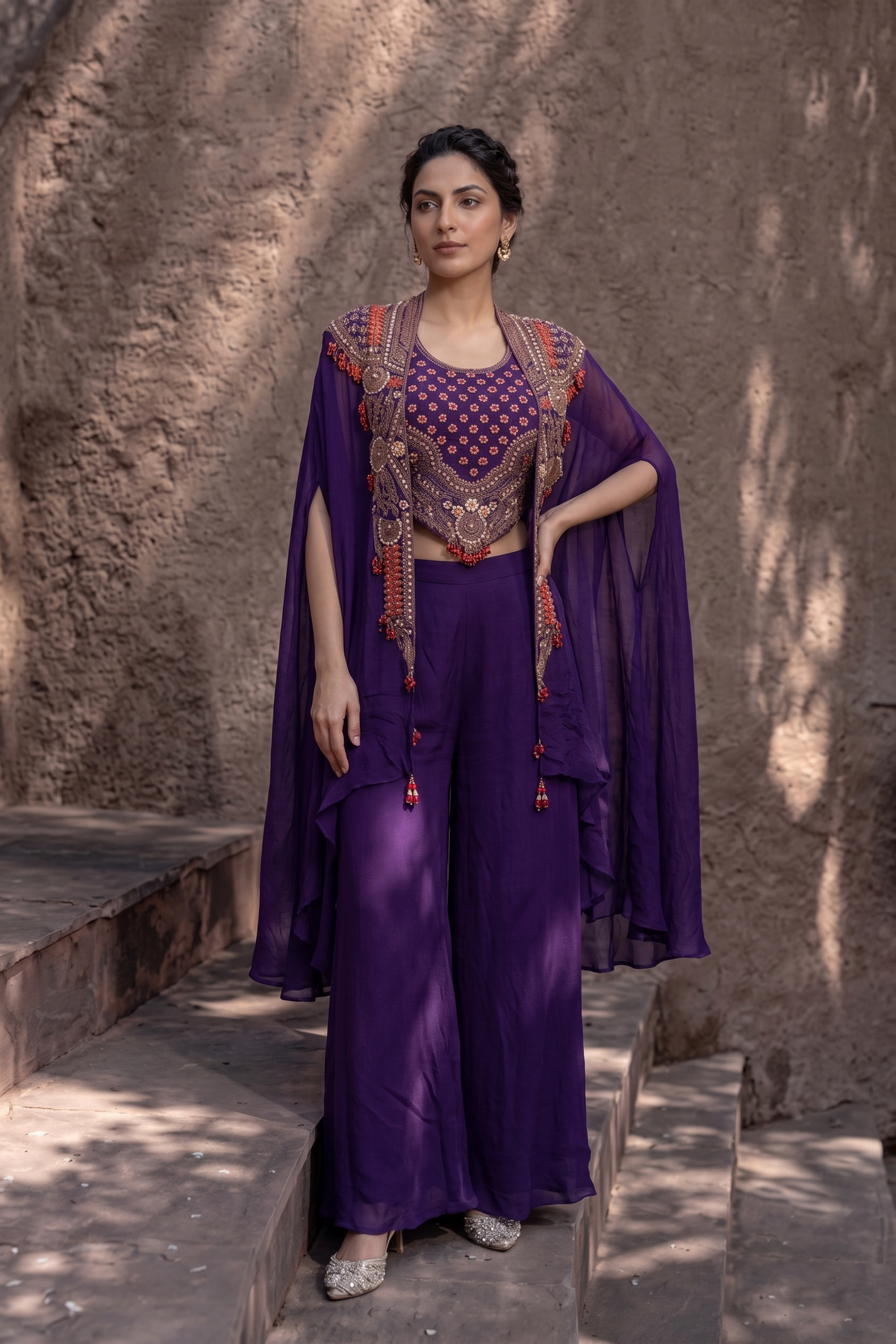 Royal Purple Embellished Chinon Silk Cape Set