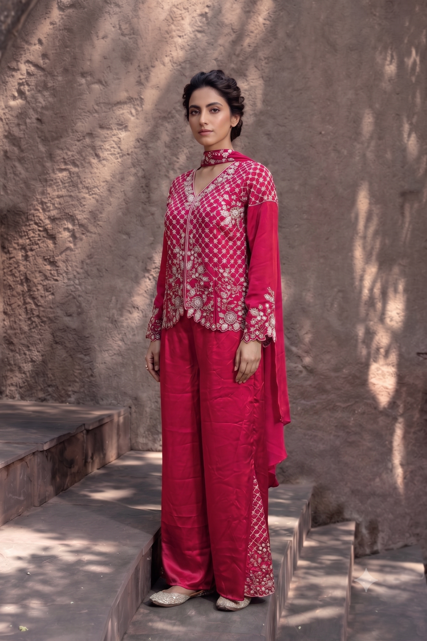 Rani Pink Embellished Crepe Silk Palazzo Set
