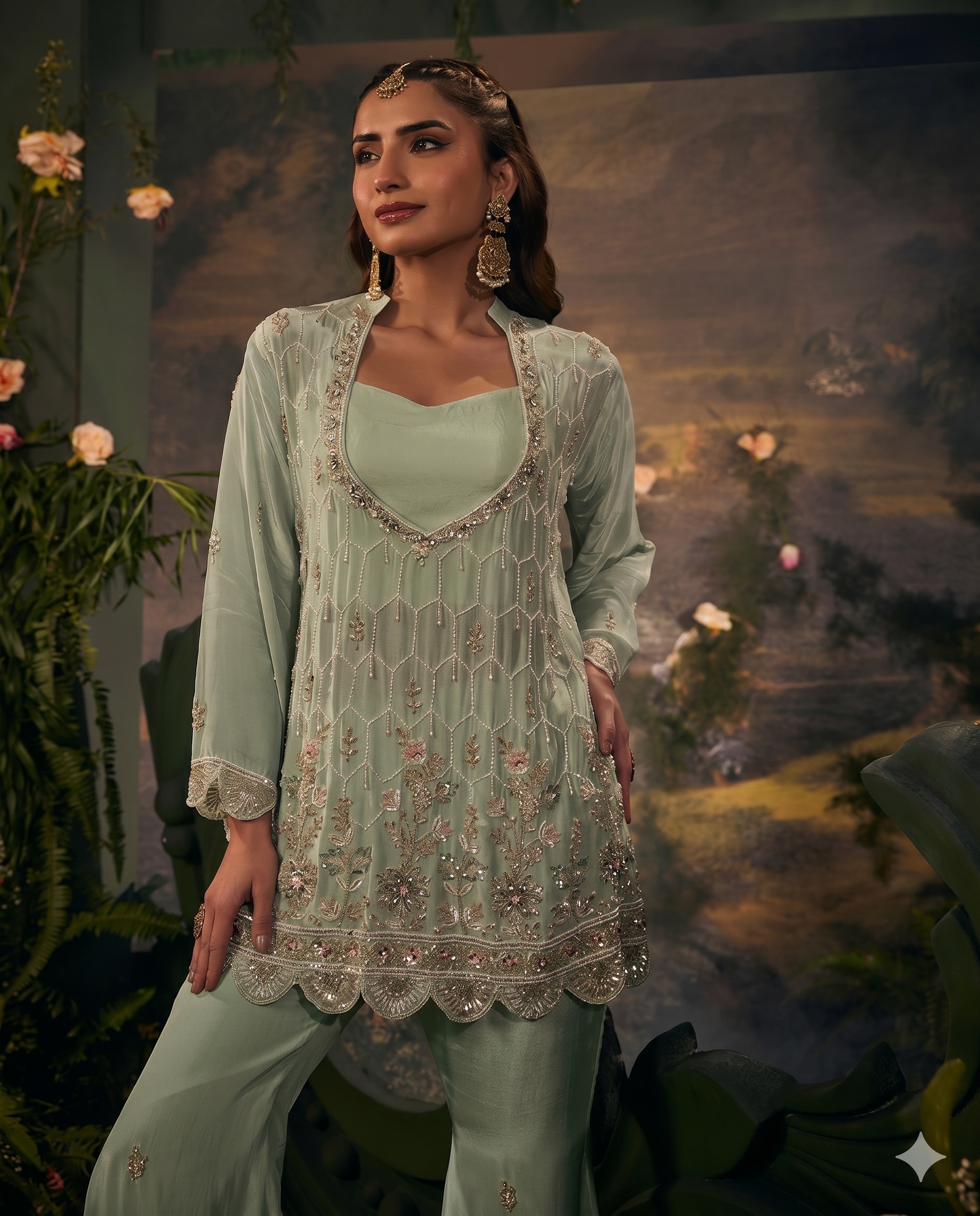 Ziya Sage Embellished Crepe Silk Co-Ord Set