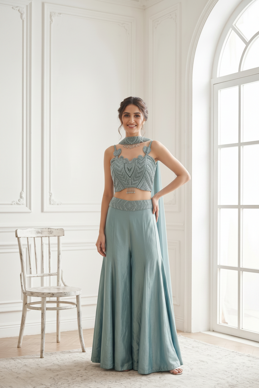 Aqua Pearl Embellished Premium Silk Palazzo Set