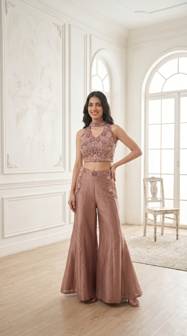 Royal Pink Embellished Premium Raw Silk Palazzo Set