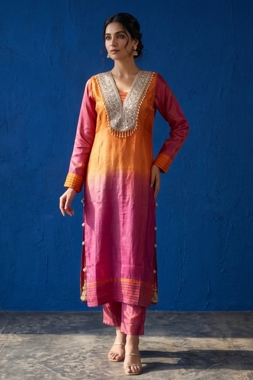 Vibrant Orange & Pink Ombre Shimmer Silk Kurta Set