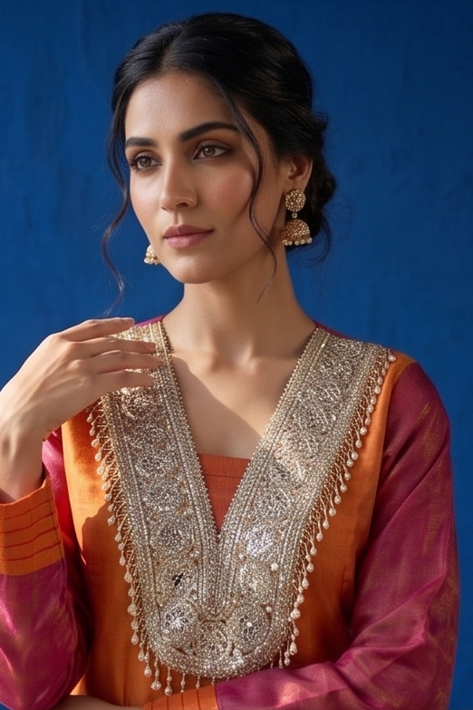 Vibrant Orange & Pink Ombre Shimmer Silk Kurta Set