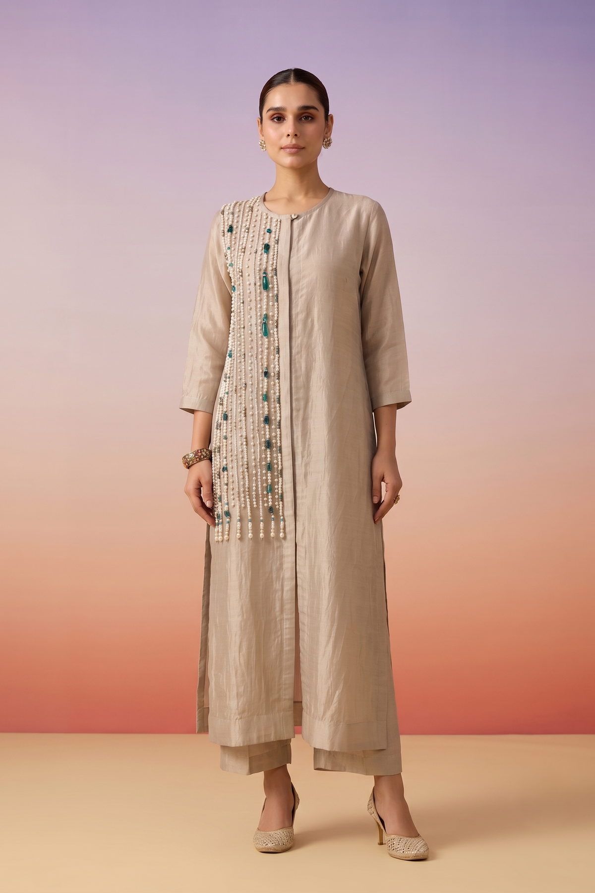 Silver Beige Embellished Shimmer Tissue Silk Co-ord Set