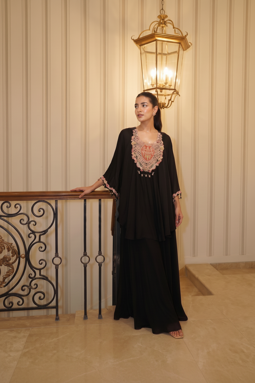 Black Boho Embellished Georgette Kaftan Set