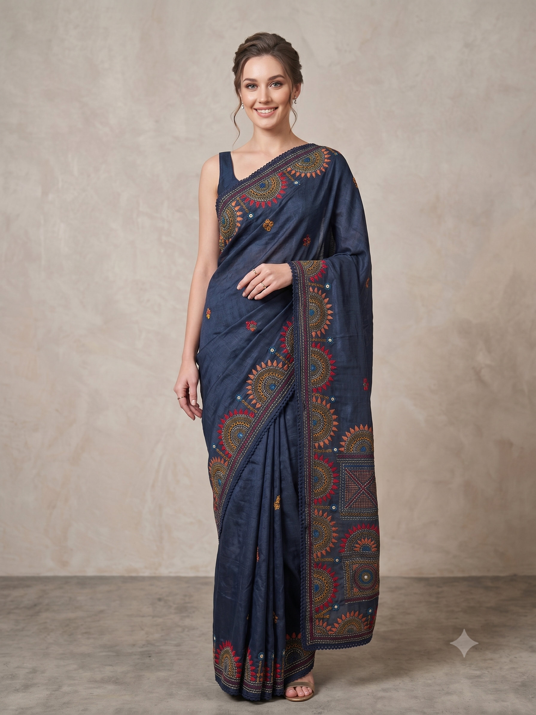 Navy Blue Embroidered Pure Tussar Silk Saree