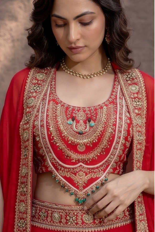 Royal Crimson Embellished Chinon Silk Cape Set