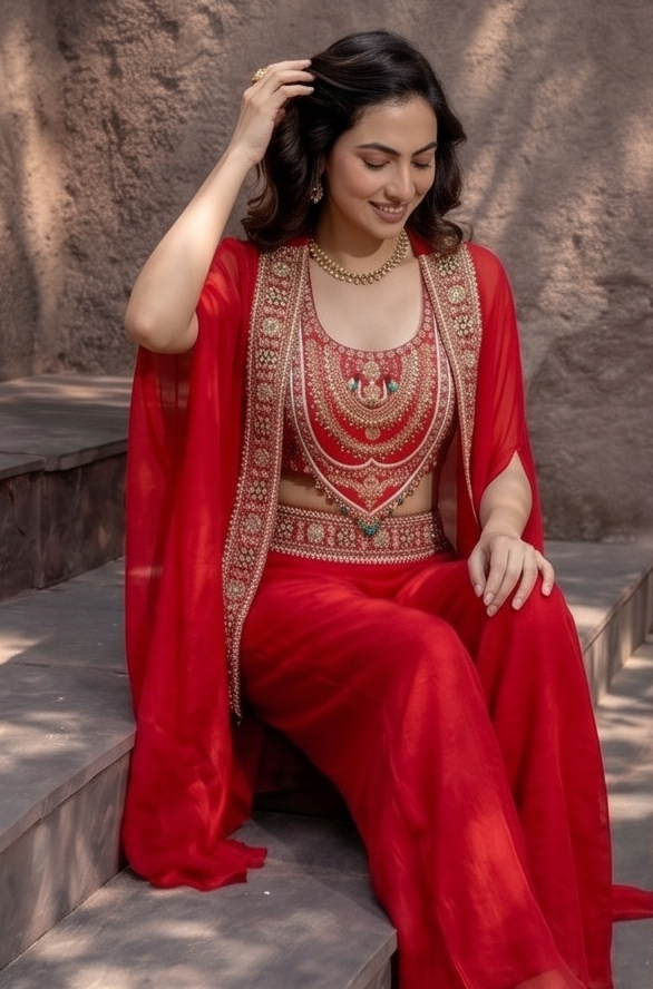 Royal Crimson Embellished Chinon Silk Cape Set