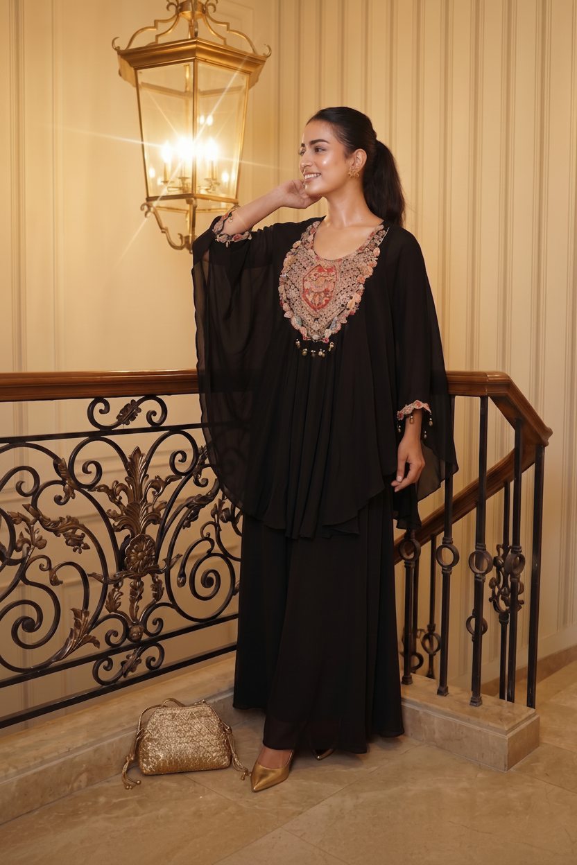 Black Boho Embellished Georgette Kaftan Set