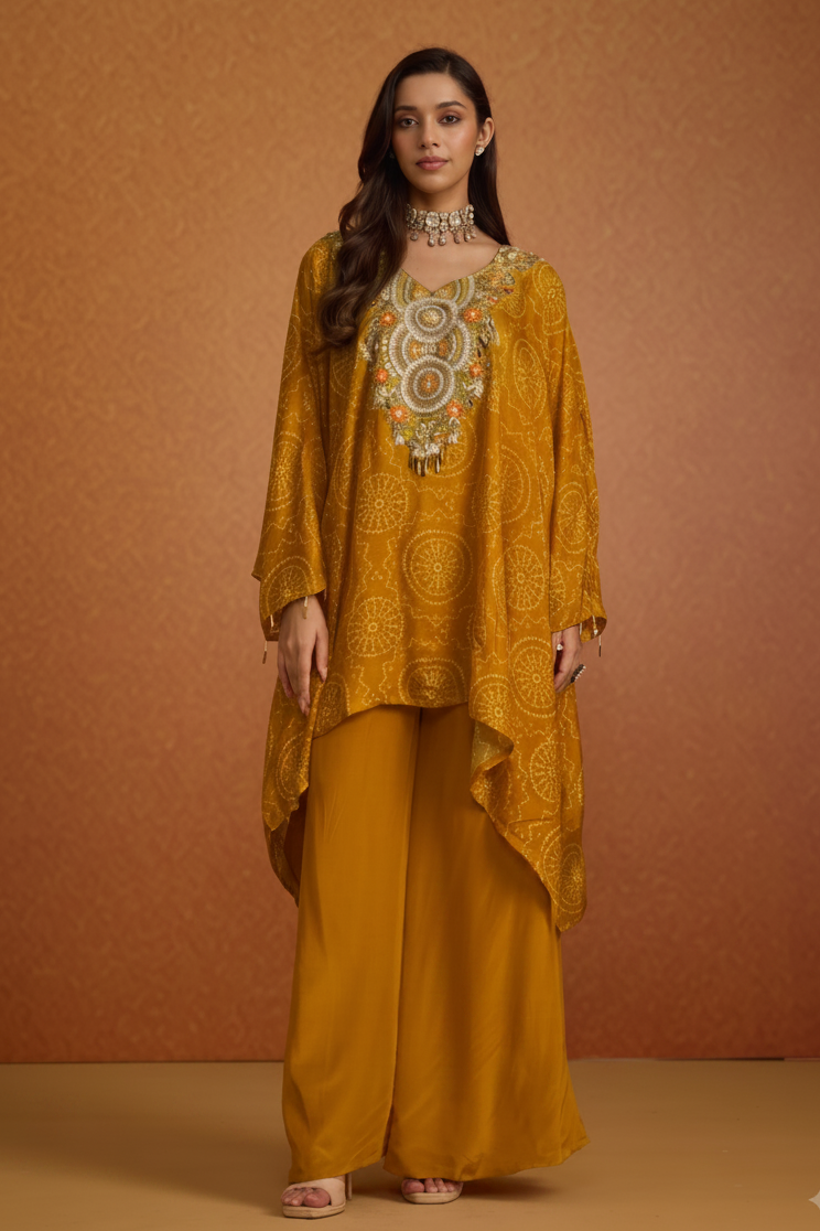 Pale Mustard Embellished Crepe Silk Kaftan Set