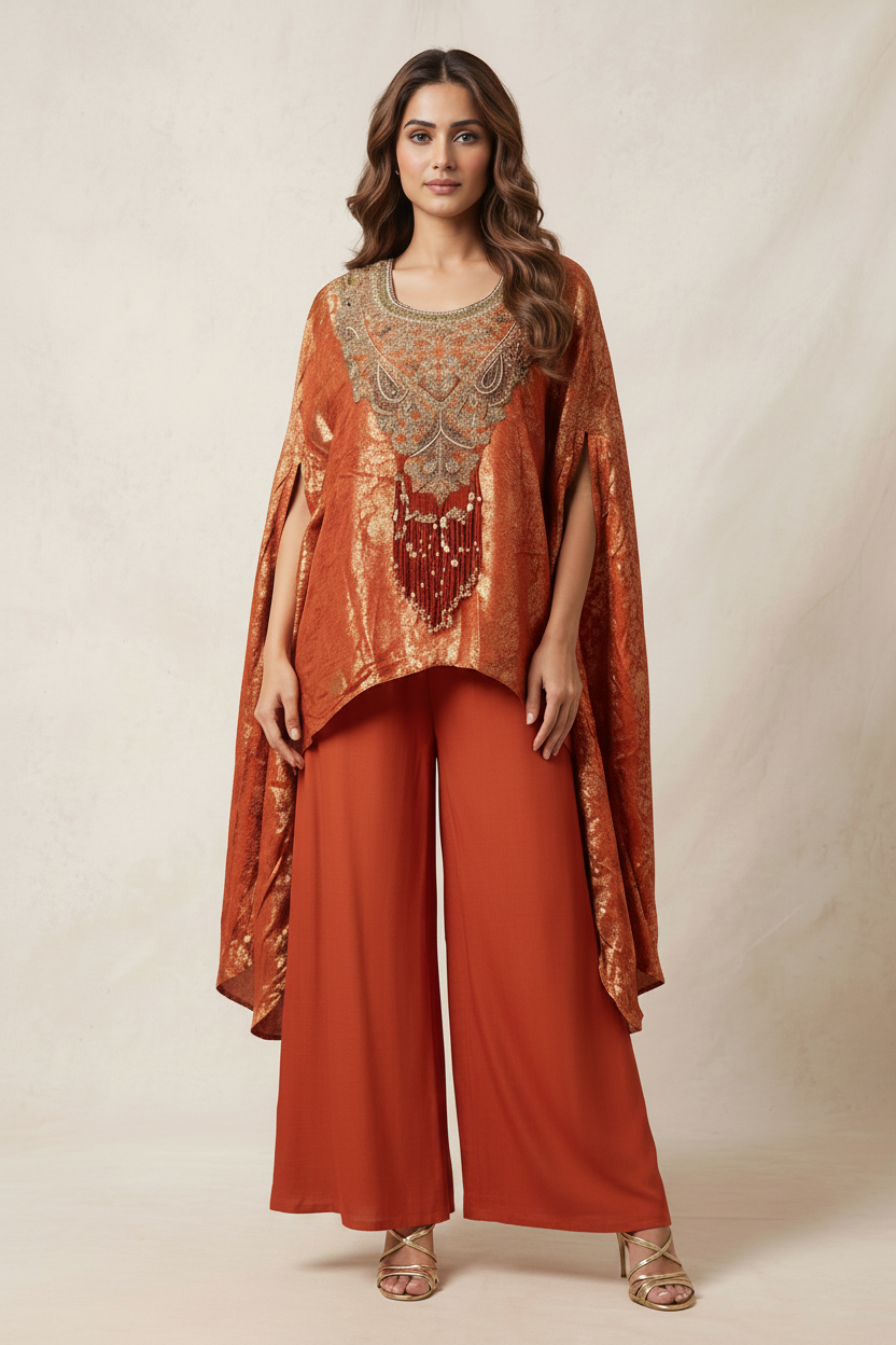 Deep Rust Embellished Banarasi Brocade Silk Kaftan Set