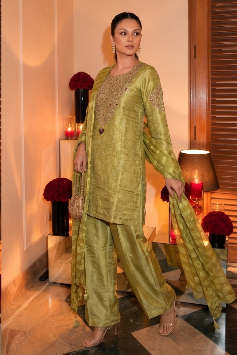Light Green Embellished Shimmer Tissue Silk Palazzo Set