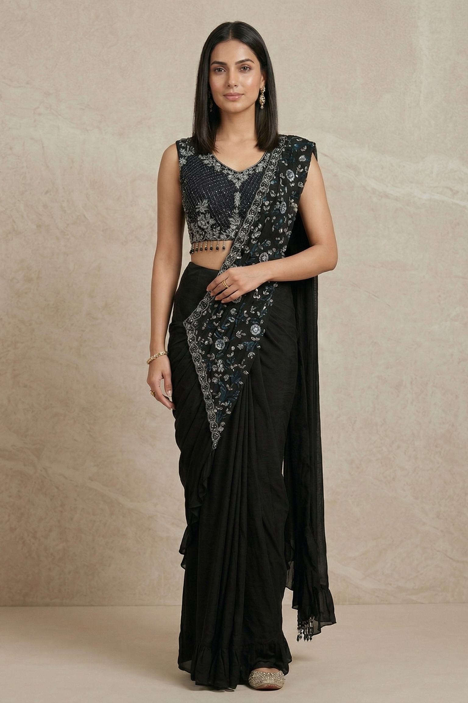 Jet Black Embellished Crepe Silk Draped Saree