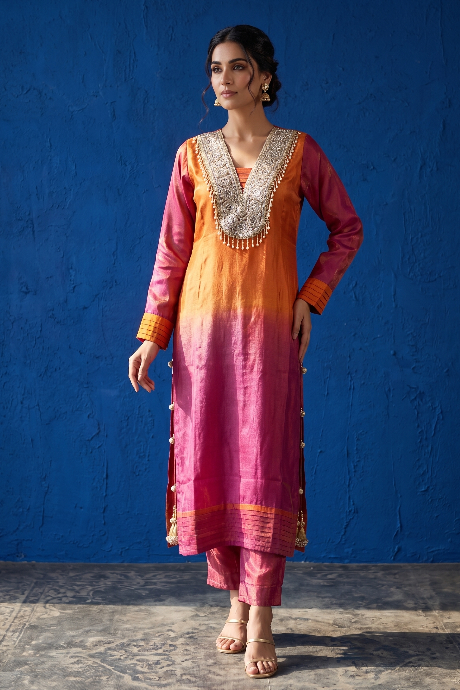 Vibrant Orange & Pink Ombre Shimmer Silk Kurta Set