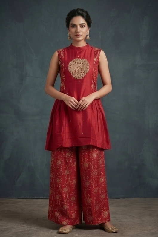 Rani Pink Embellished Brocade Silk Palazzo Set