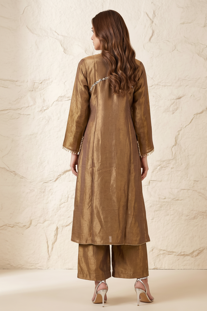 Golden Brown Embellished Chanderi Silk Kurta Set