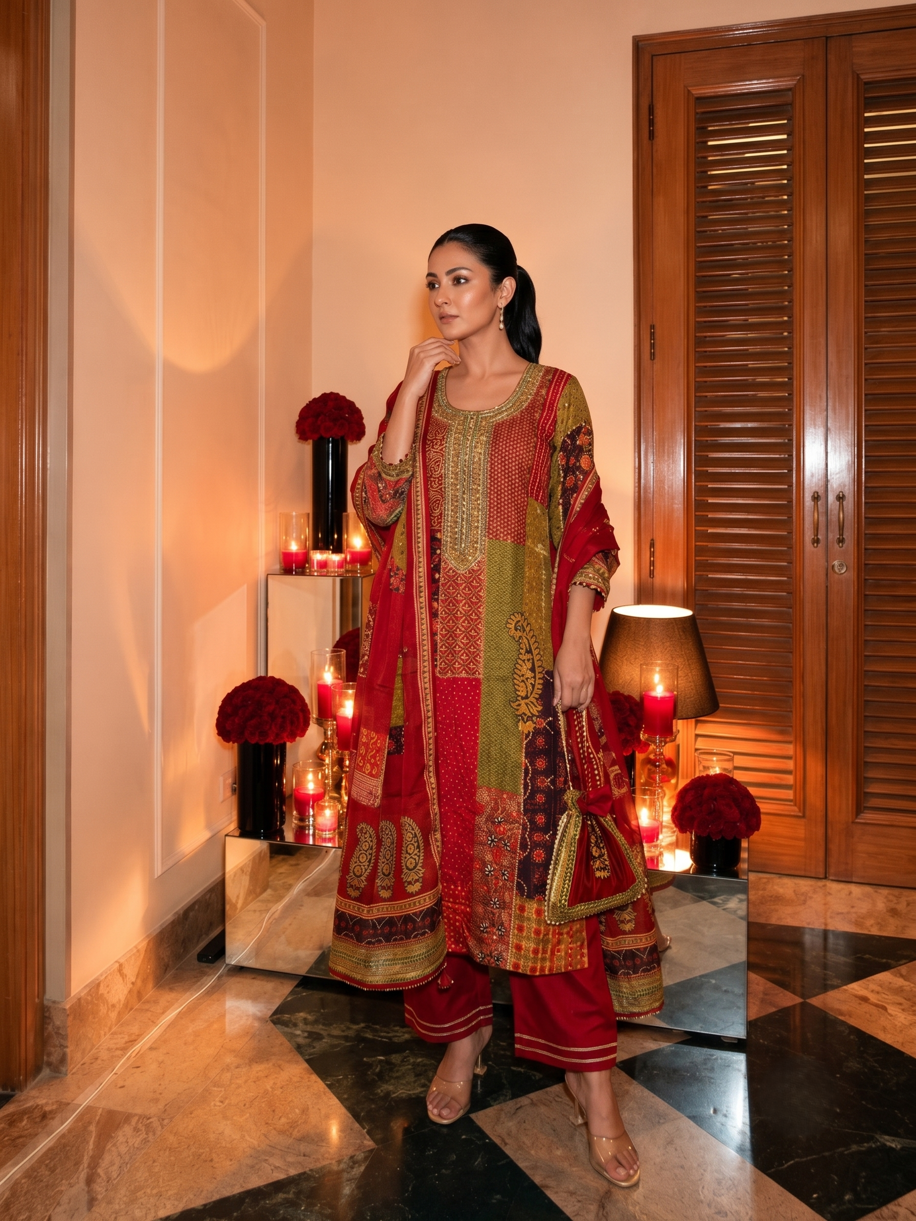 Vibrant Crimson Red Embellished Muslin Silk Pant Set