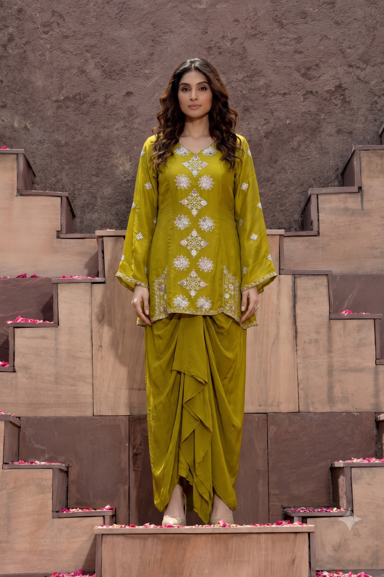 Chartreuse Embellished Crepe Satin Silk Draped Skirt Set