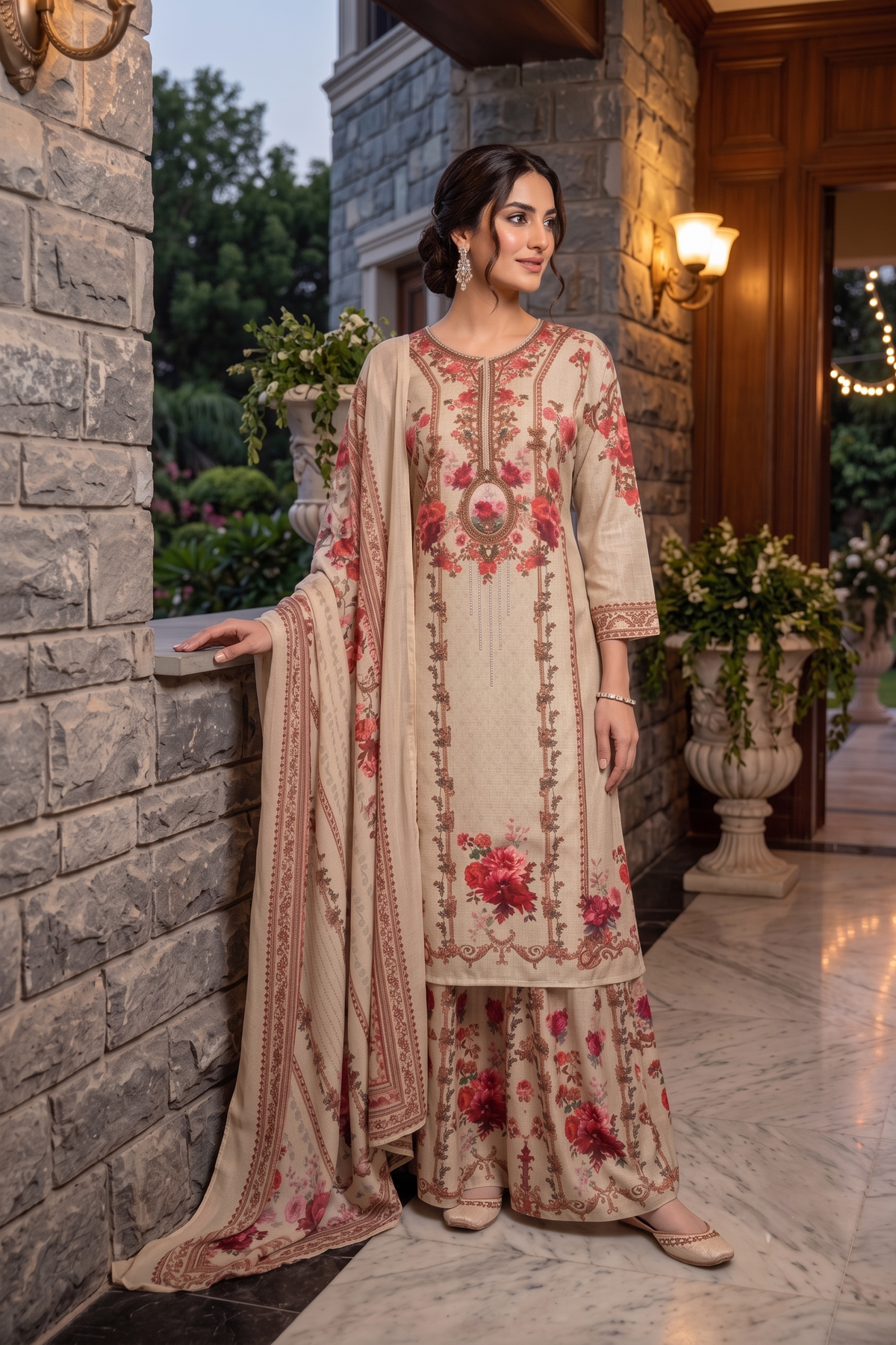 Oatmeal Red Embellished Crepe Silk Sharara Set