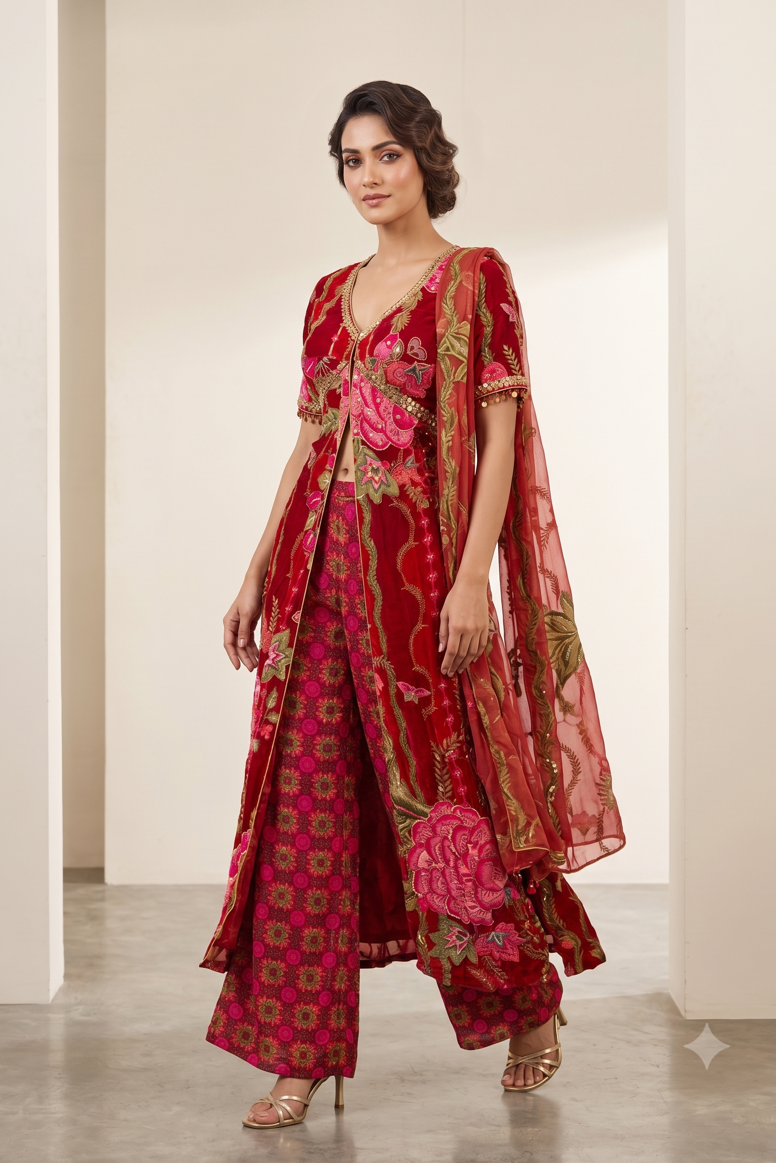Carmine Red Embellished Organza Silk Pant Set