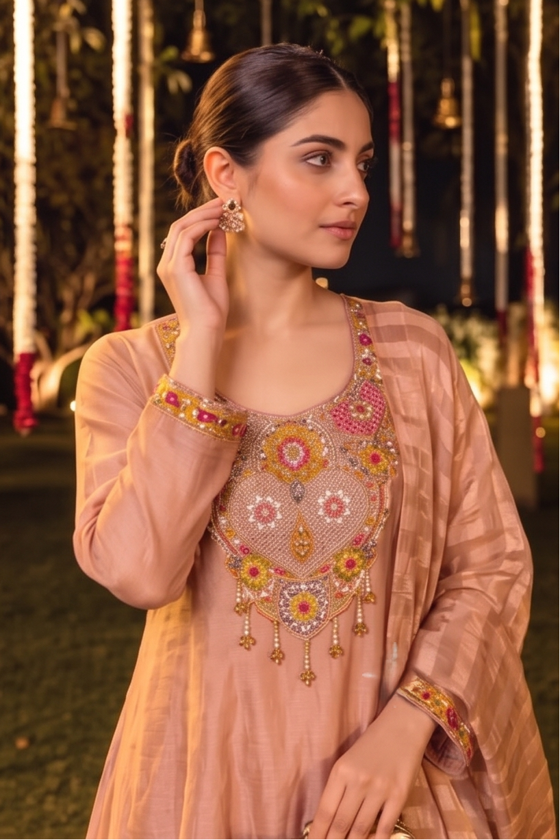 Peach Gold Embellished Shimmer Silk Palazzo Set