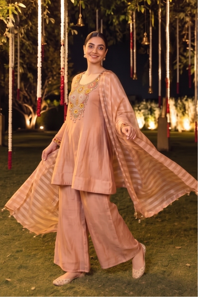 Peach Gold Embellished Shimmer Silk Palazzo Set