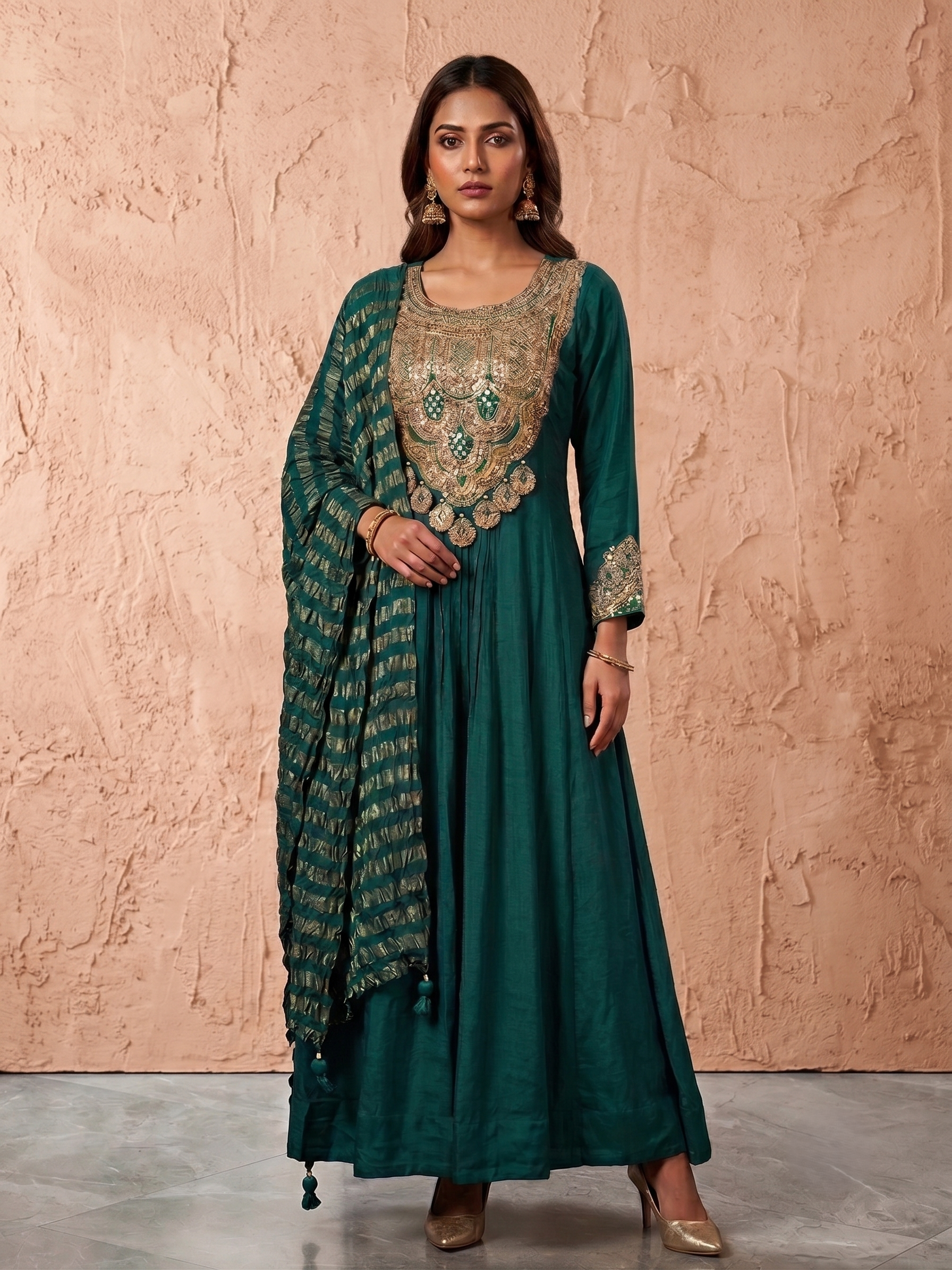Emerald Green Embellished Chinon Silk Anarkali Set