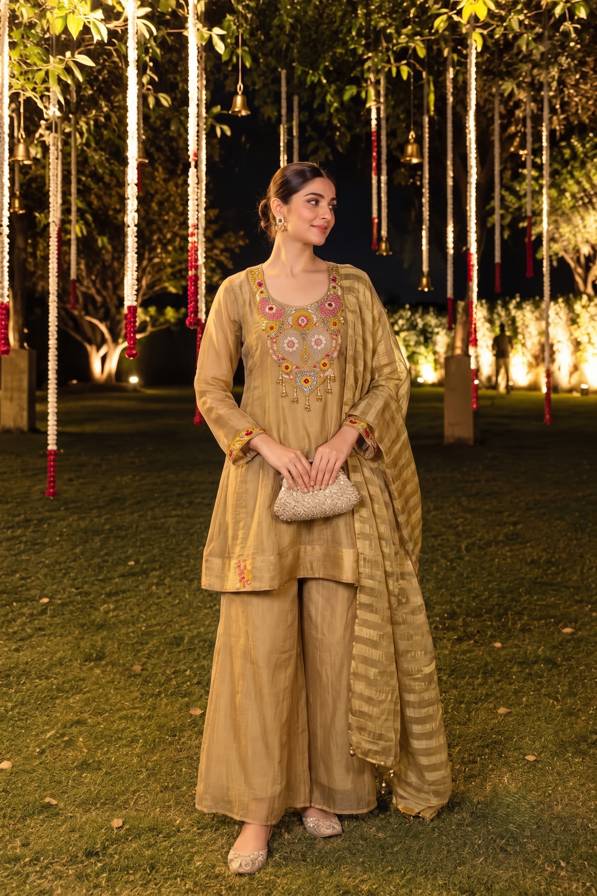 Metallic Gold Embellished Shimmer Silk Palazzo Set