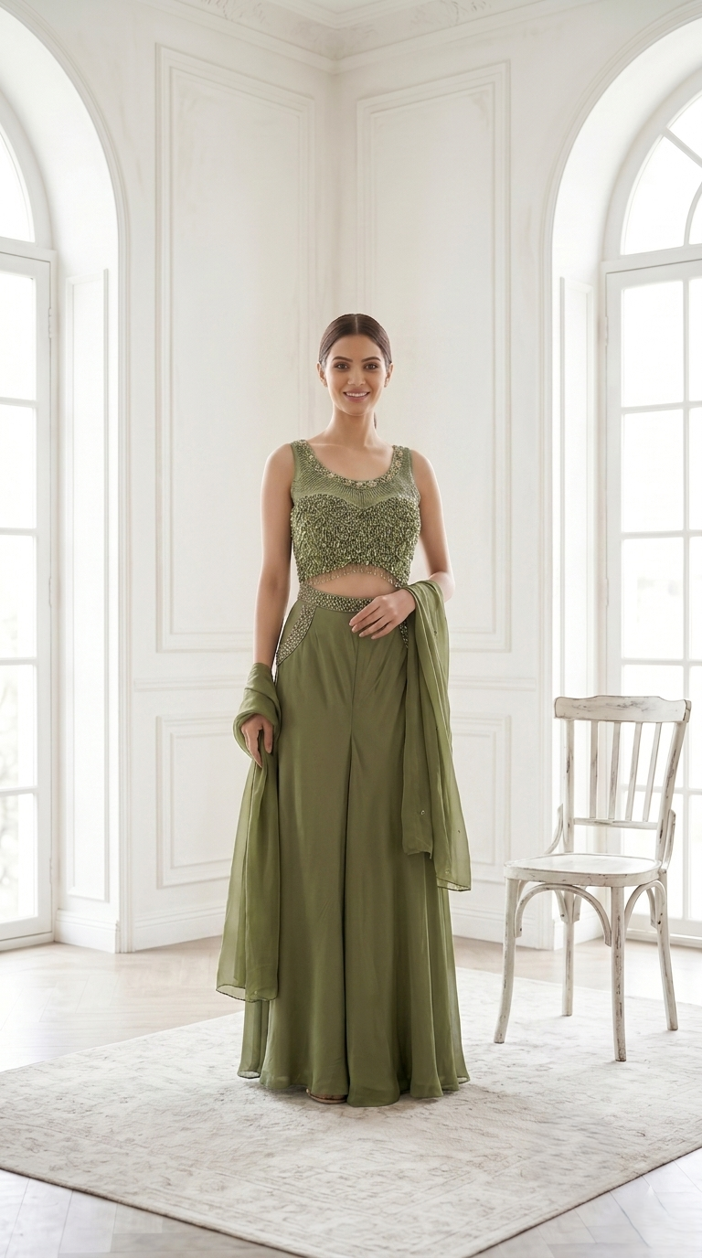 Dusty Olive Embellished Premium Georgette Palazzo Set