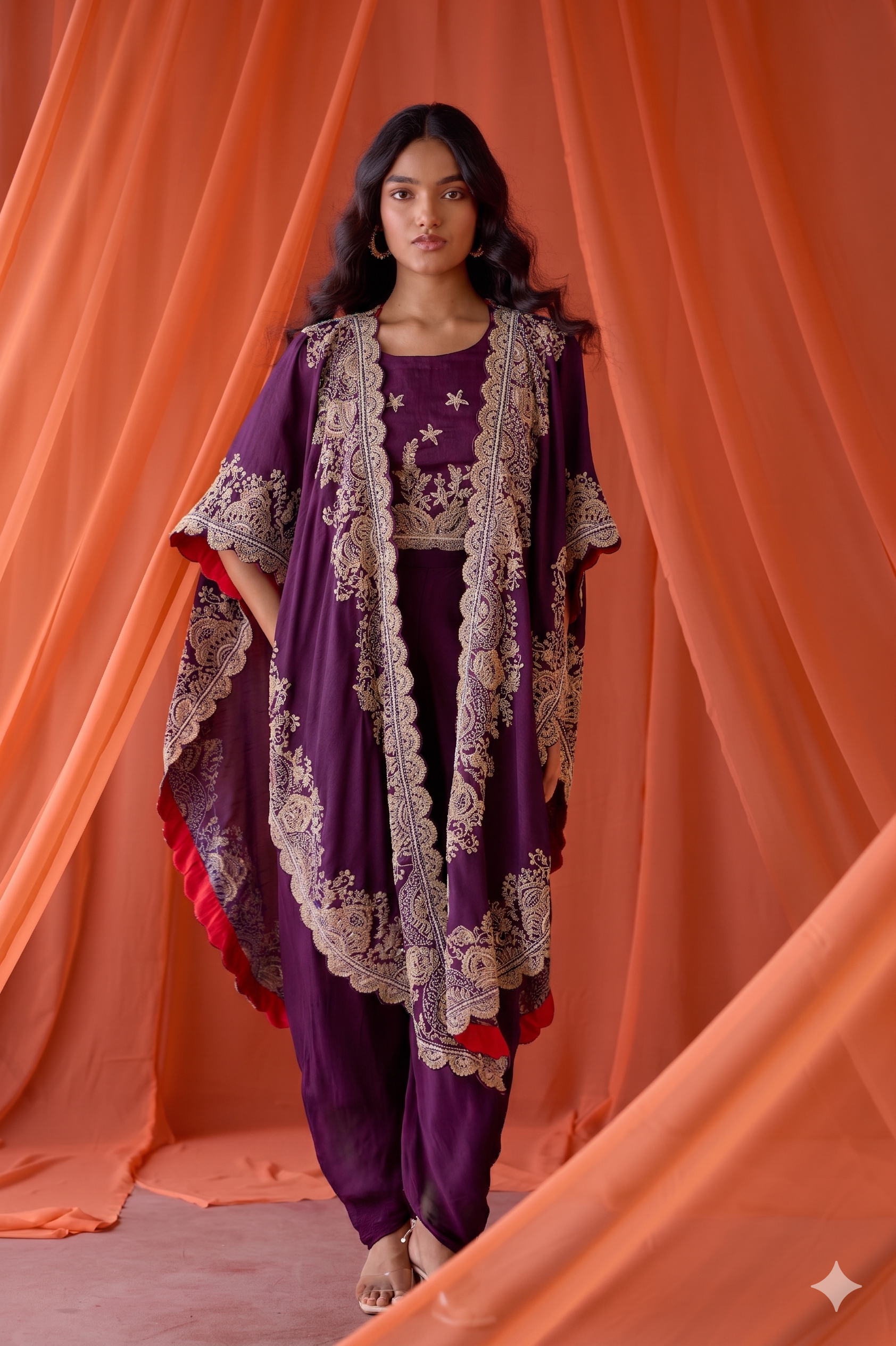 Deep Plum Embellished Raw Silk Cape Set