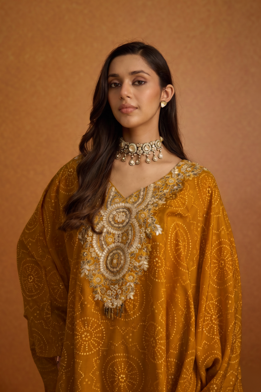 Pale Mustard Embellished Crepe Silk Kaftan Set