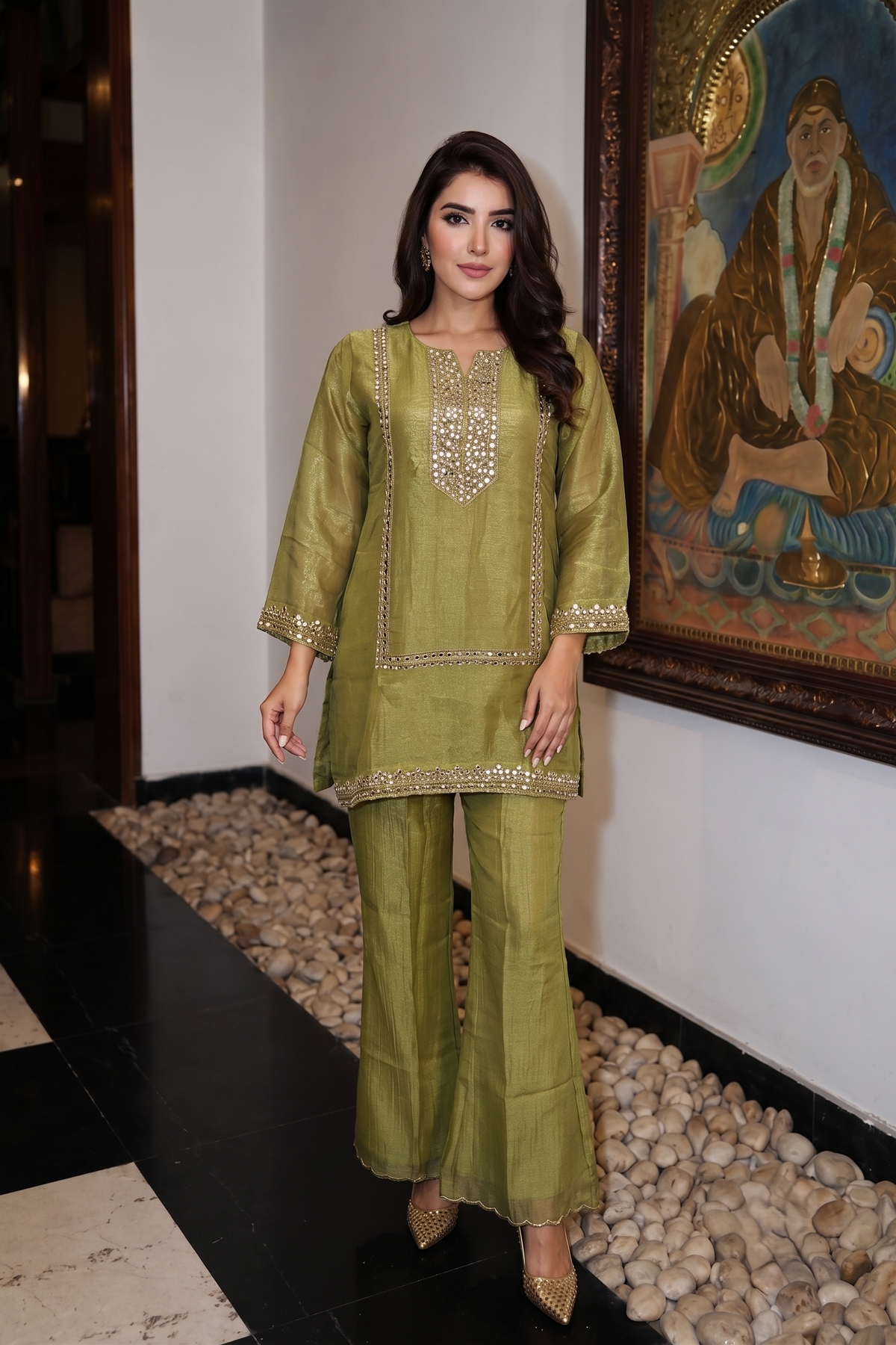 Metallic Moss Green Embellished Tissue Silk Palazzo Set
