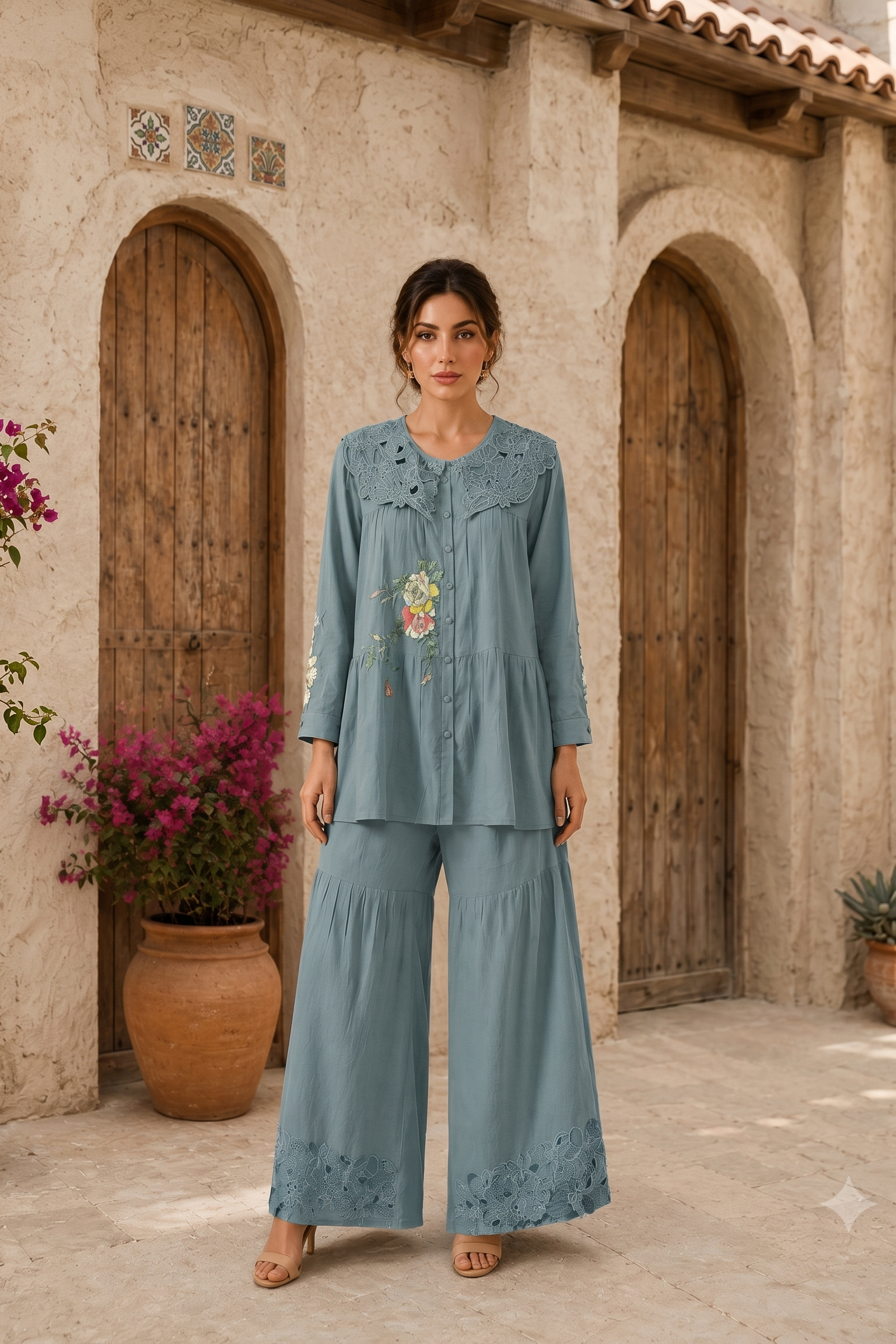 Slate Grey Embroidered Linen Co-Ord Set