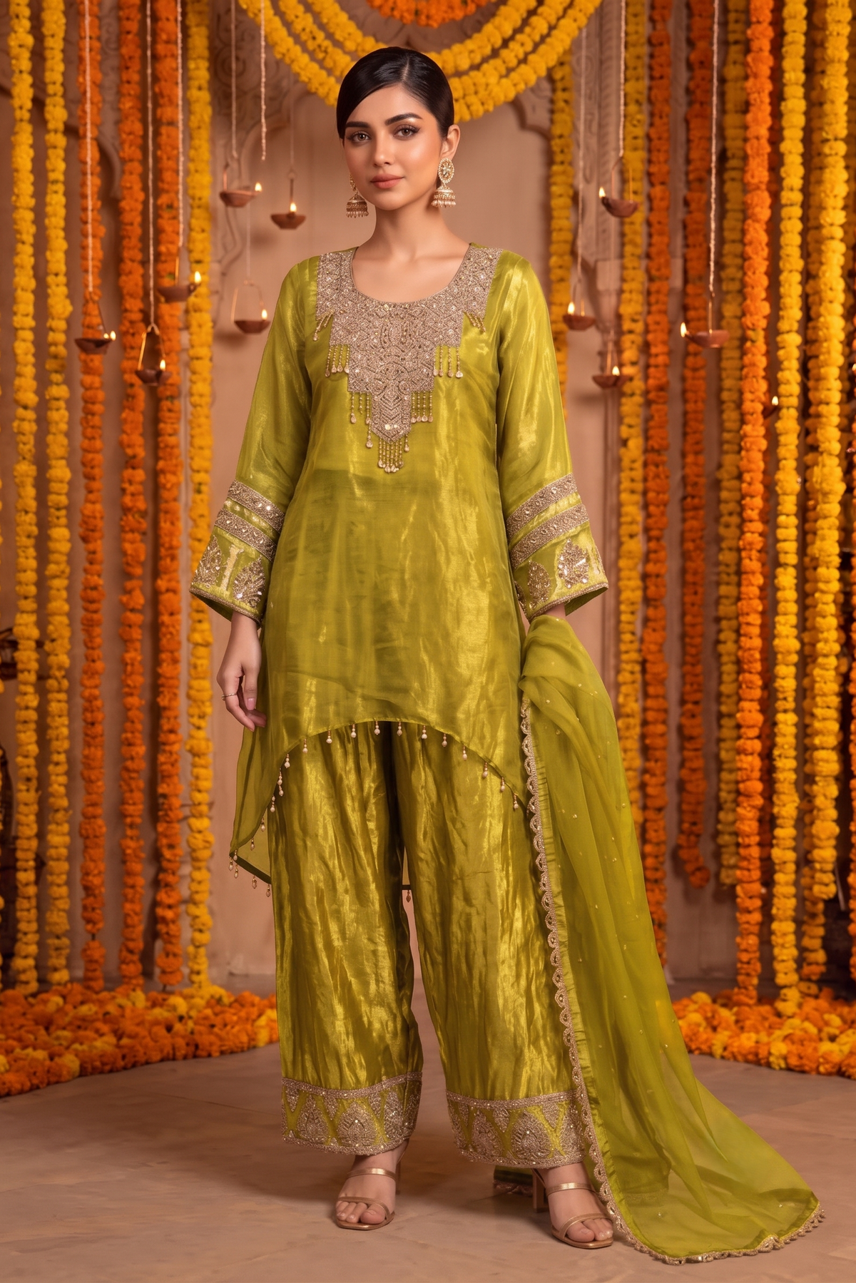 Olive Gold Embellished Jimmy Choo Silk Salwar Set