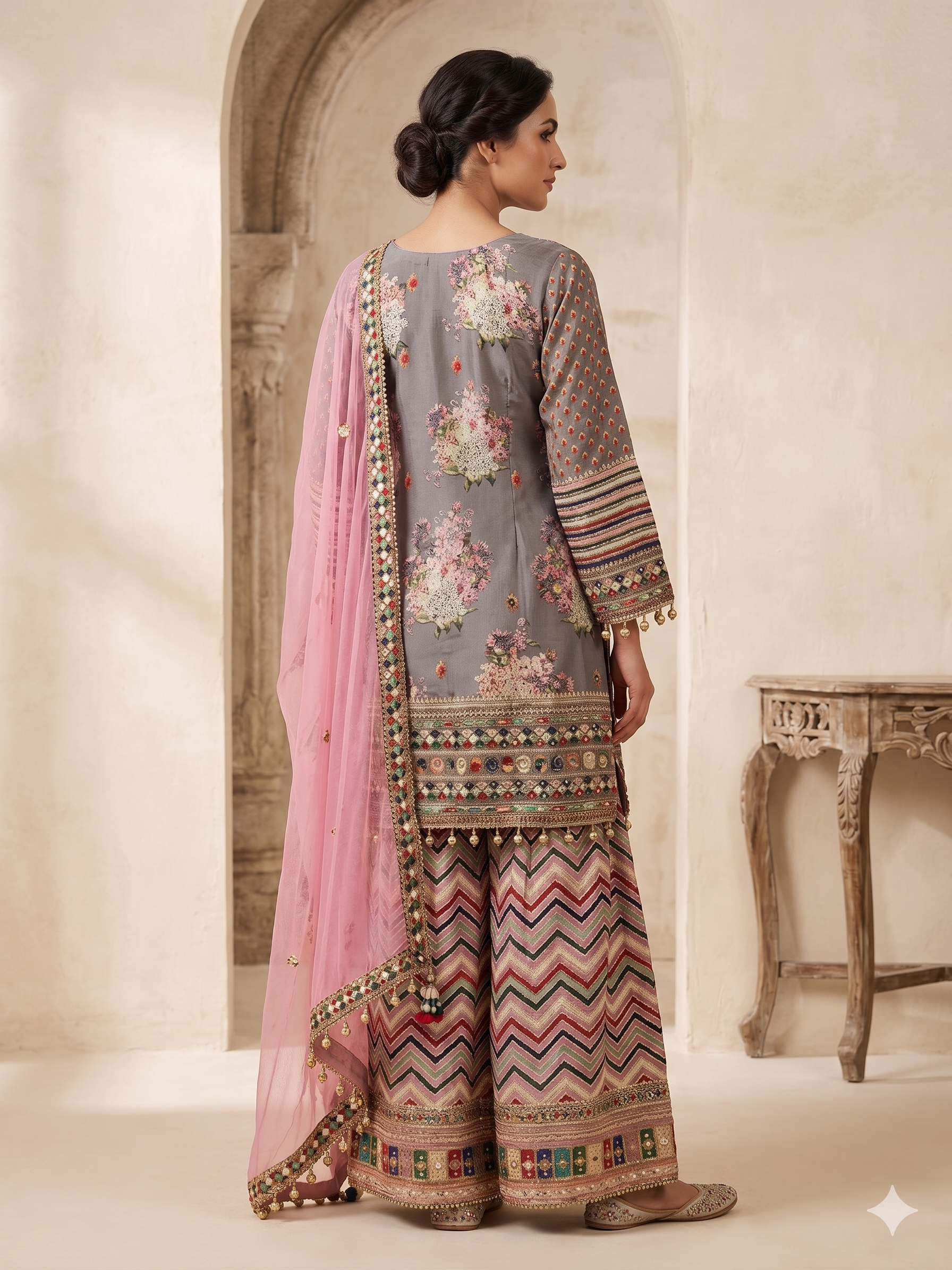 Slate Rose Embellished Sharara Set
