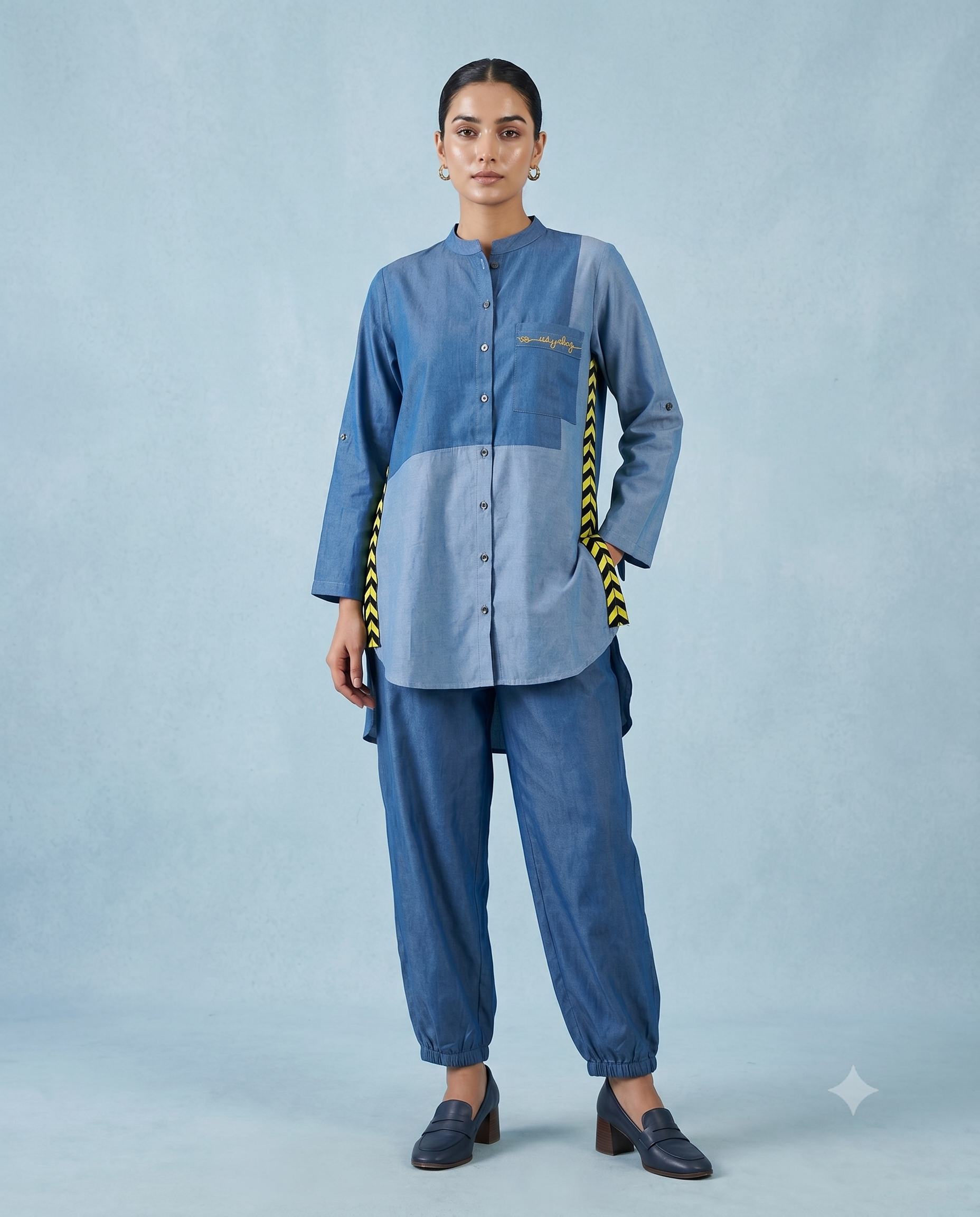 Blue Color Block Denim Co-ord Set