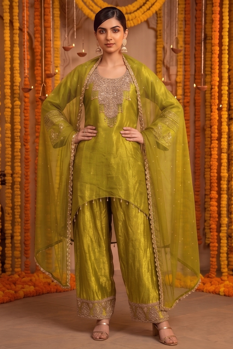 Olive Gold Embellished Jimmy Choo Silk Salwar Set