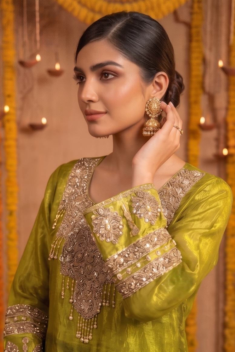 Olive Gold Embellished Jimmy Choo Silk Salwar Set